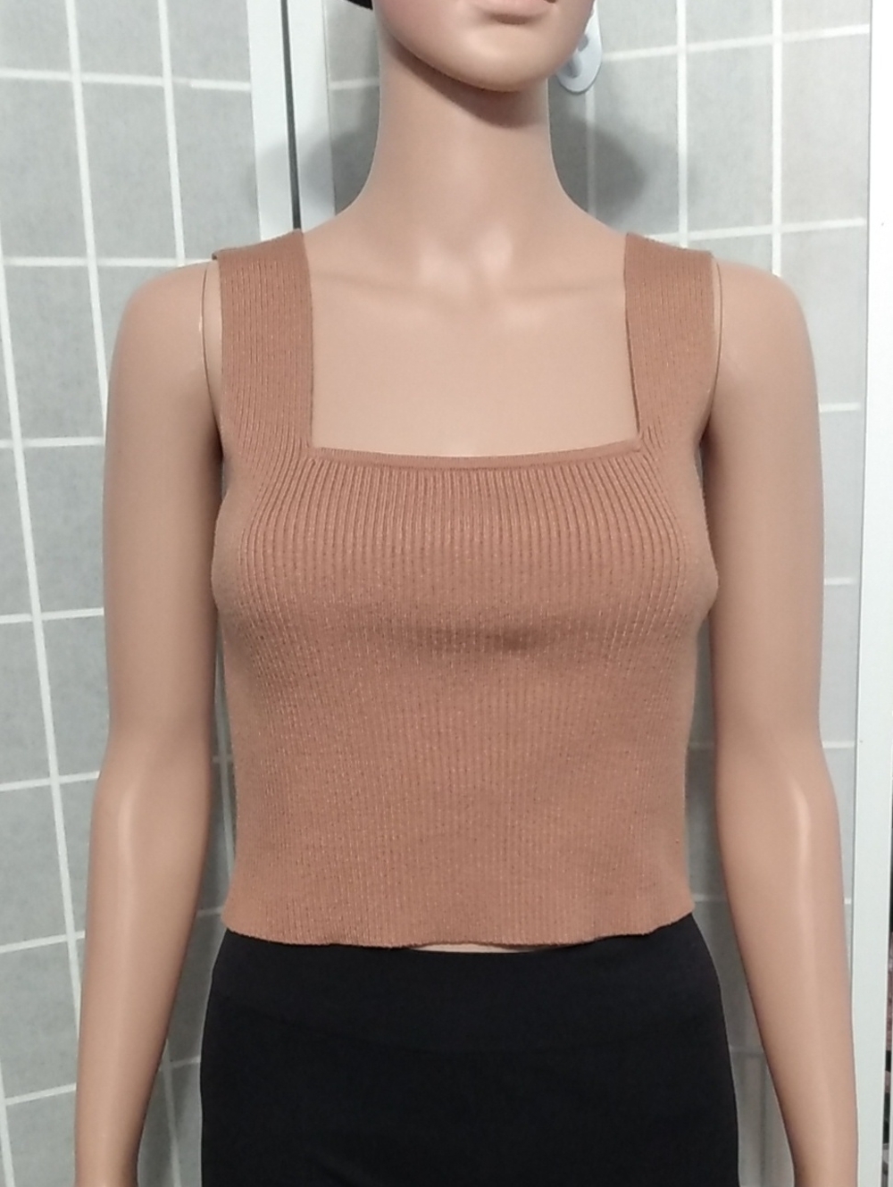 SHEIN Ribbed Square Neck Crop Tank Top - Brown - Women's Large- Wide Strap